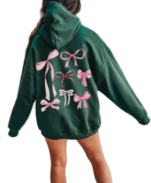 Aonoapll Women Bow Print Hoodies Oversized Y2k Graphic Hooded Sweatshirt Cute Long Sleeve Drop Shoulder Pullover Tops