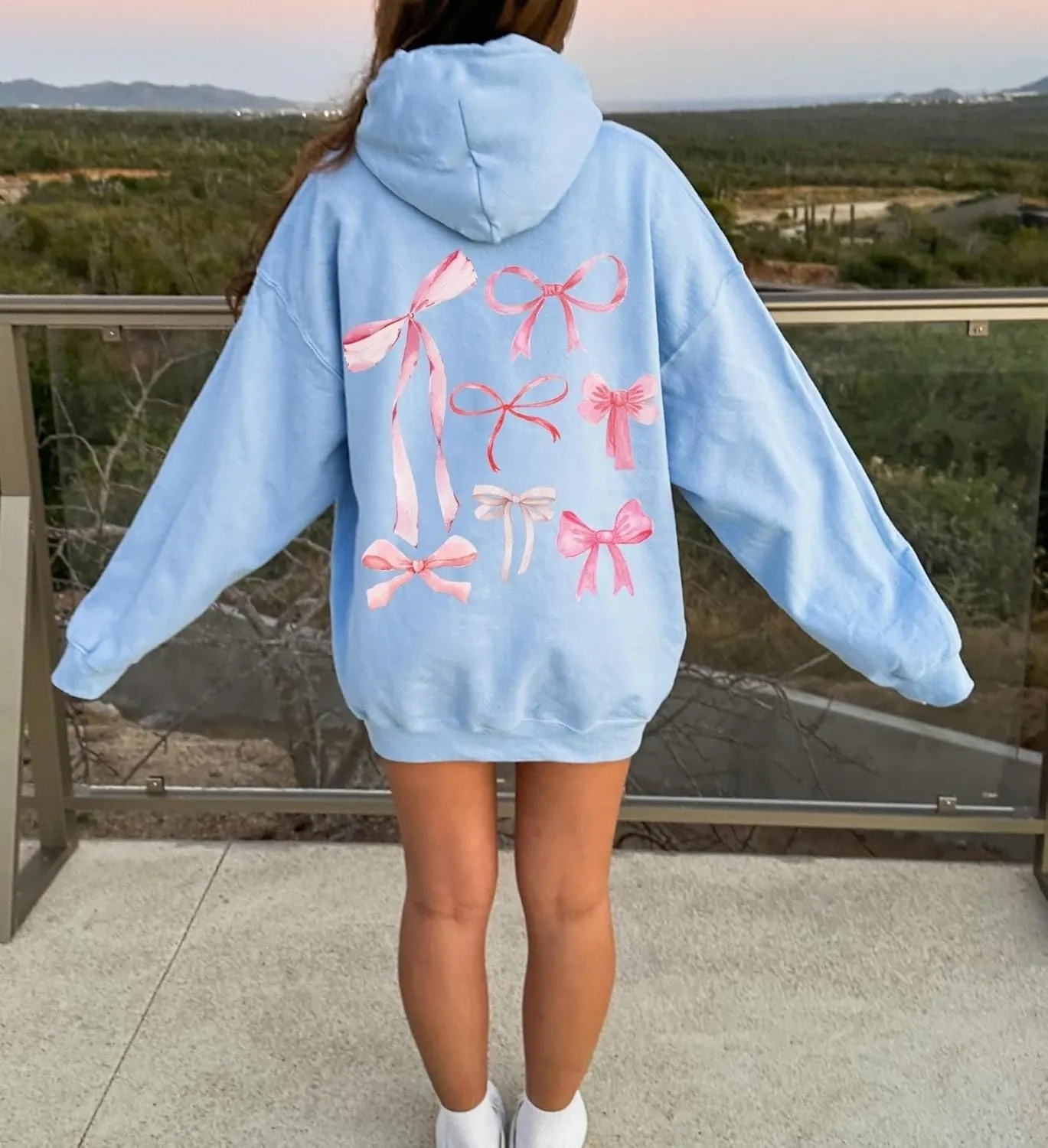 Aonoapll Women Bow Print Hoodies Oversized Y2k Graphic Hooded Sweatshirt Cute Long Sleeve Drop Shoulder Pullover Tops