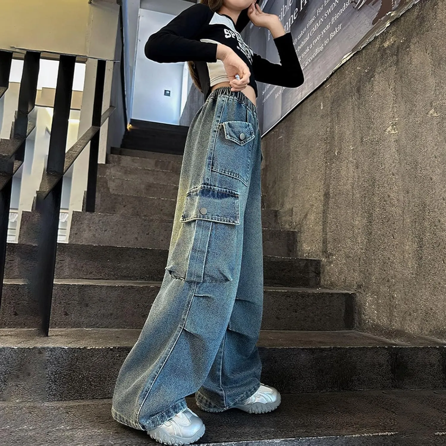 Baggy Jeans for Kids Girls Ripped Wide Leg Cute Heart Cargo Denim Pants Teen High Waist Trendy Y2K Vintage Clothes