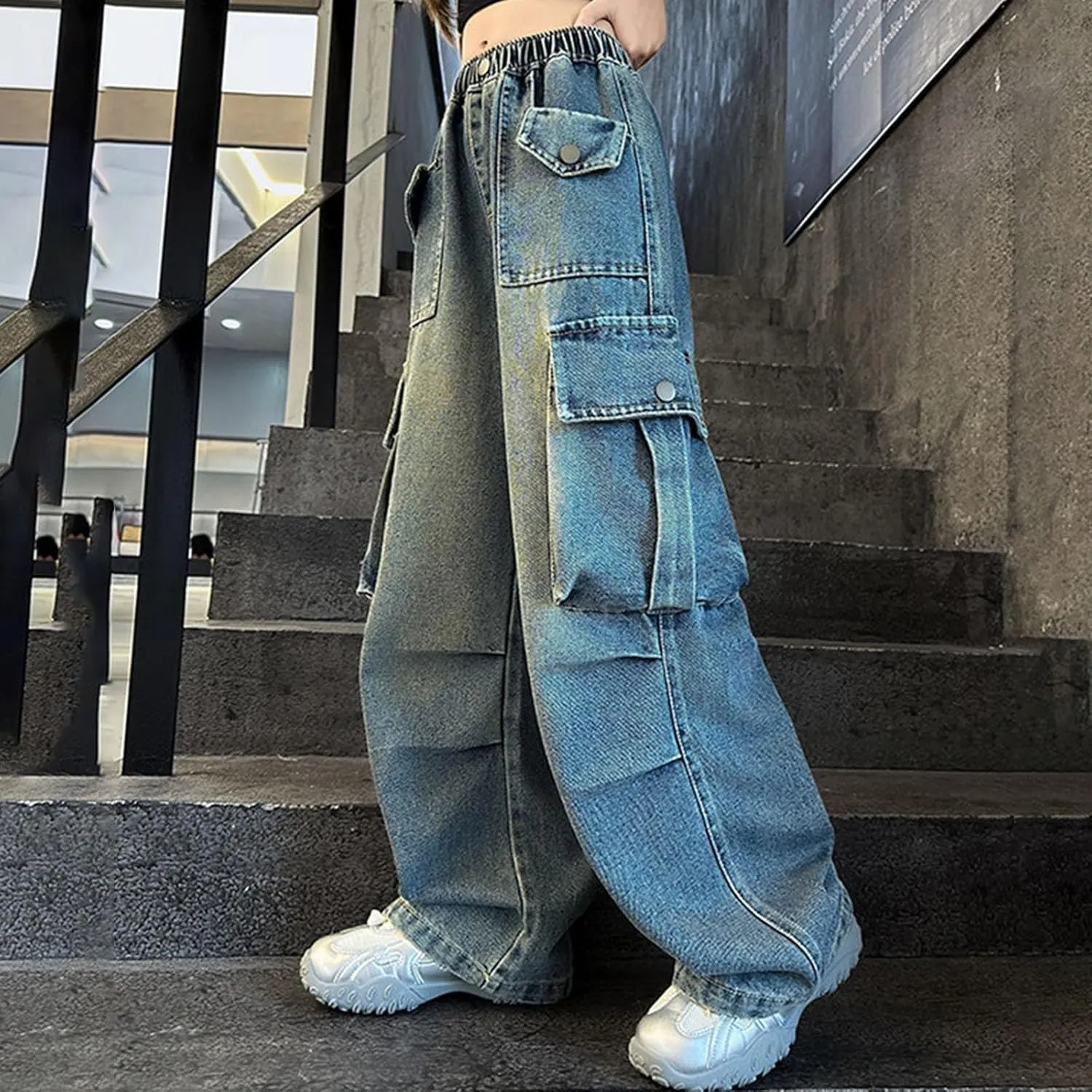 Baggy Jeans for Kids Girls Ripped Wide Leg Cute Heart Cargo Denim Pants Teen High Waist Trendy Y2K Vintage Clothes
