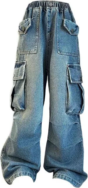 Baggy Jeans for Kids Girls Ripped Wide Leg Cute Heart Cargo Denim Pants Teen High Waist Trendy Y2K Vintage Clothes