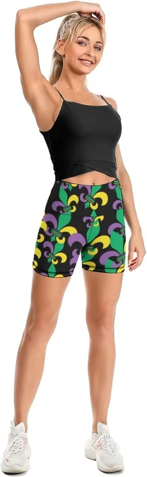 BAIKUTOUAN Mardi Gras Fleur De Lis Women's Yoga Shorts for Sports Biker Yoga Workout Running High Waisted