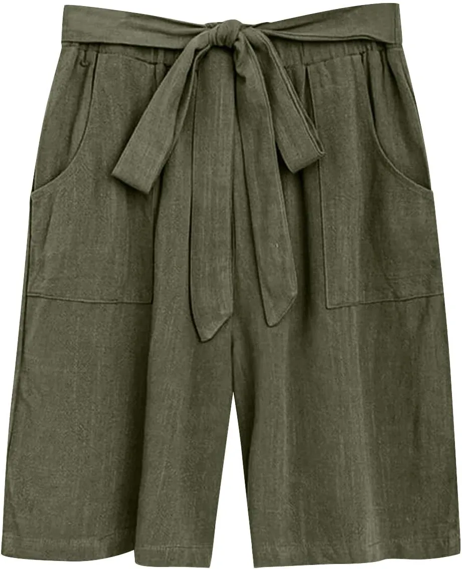 Bermuda Shorts for Women Bowknot Tie Drawstring High Waisted Elastic Comfy Wide Leg with Pocket Lounge Summer