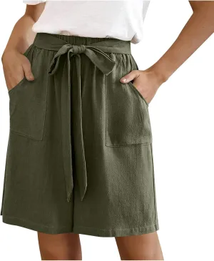 Bermuda Shorts for Women Bowknot Tie Drawstring High Waisted Elastic Comfy Wide Leg with Pocket Lounge Summer