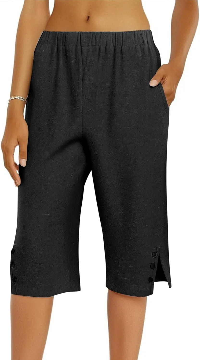 Bermuda Shorts for Women Knee Length Cotton Linen Summer Elastic Waist Shorts Side Split Capris Pants with Pockets