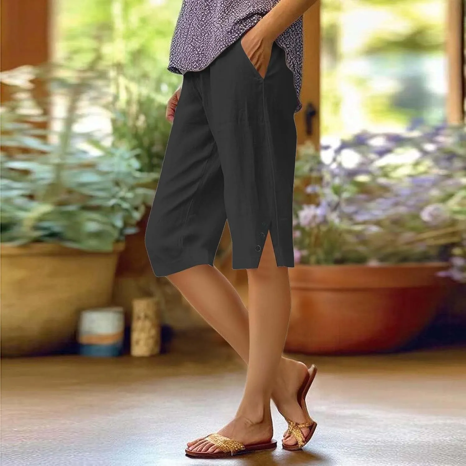Bermuda Shorts for Women Knee Length Cotton Linen Summer Elastic Waist Shorts Side Split Capris Pants with Pockets