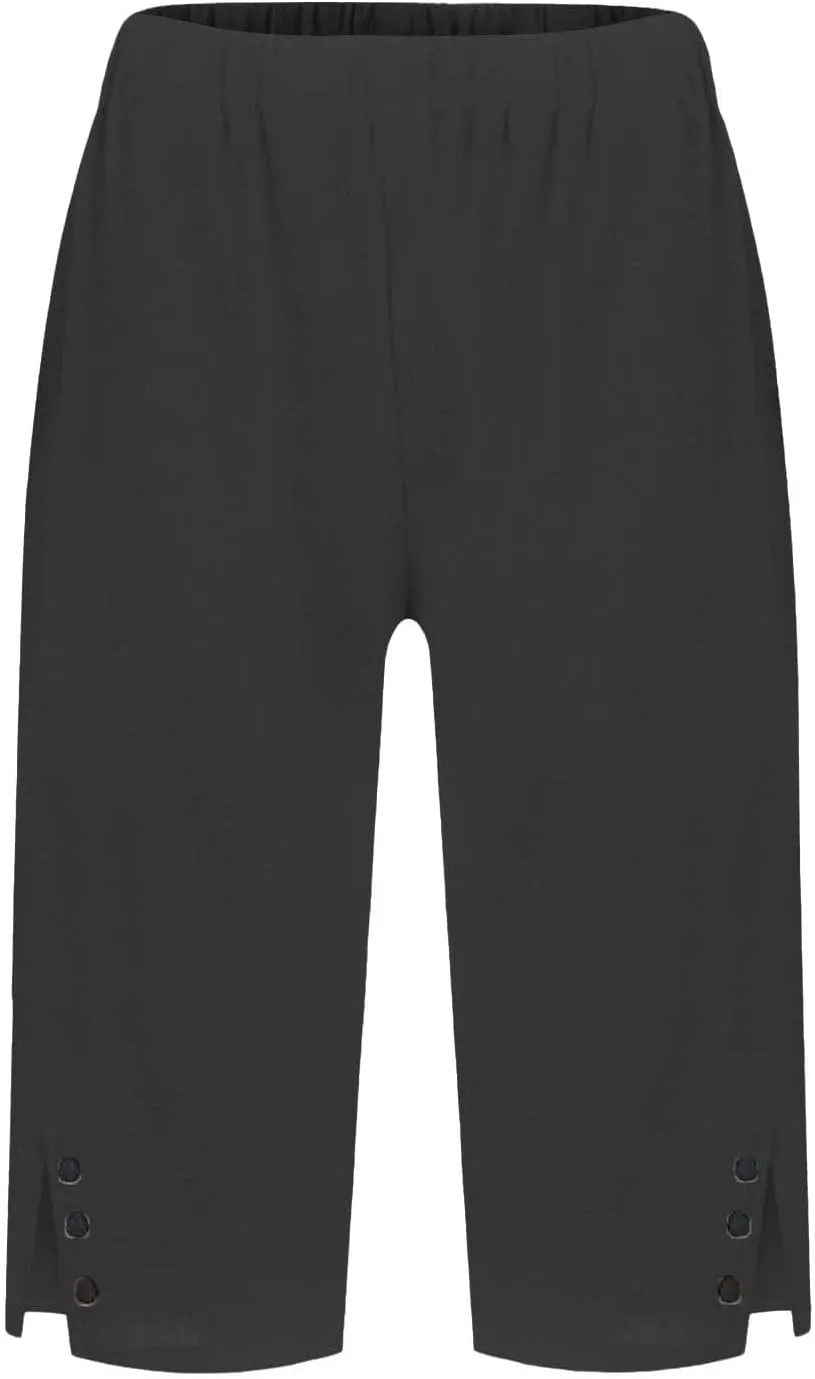 Bermuda Shorts for Women Knee Length Cotton Linen Summer Elastic Waist Shorts Side Split Capris Pants with Pockets