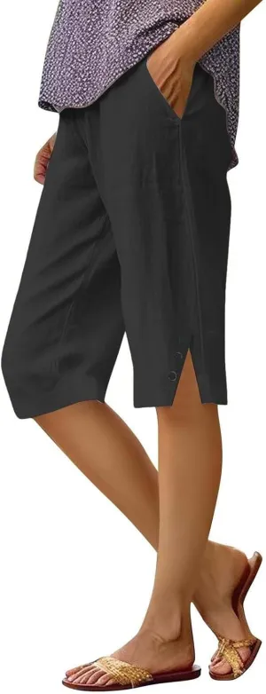 Bermuda Shorts for Women Knee Length Cotton Linen Summer Elastic Waist Shorts Side Split Capris Pants with Pockets