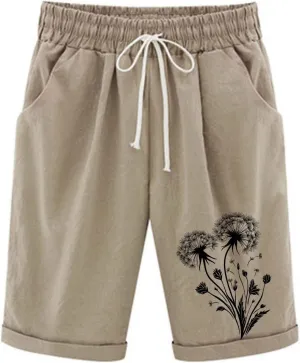 Bermuda Shorts for Women Knee Length Drawstring Linen Shorts Women Casual Printed Short Pants with Pockets