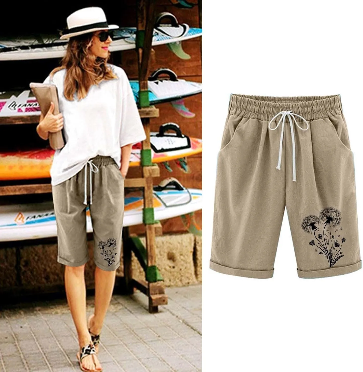 Bermuda Shorts for Women Knee Length Drawstring Linen Shorts Women Casual Printed Short Pants with Pockets