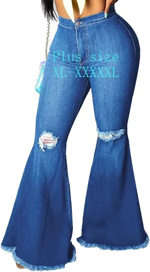 BessCops Plus Size Bell Bottom Jeans for Women Elastic High Waisted Classic Flared Denim Pants