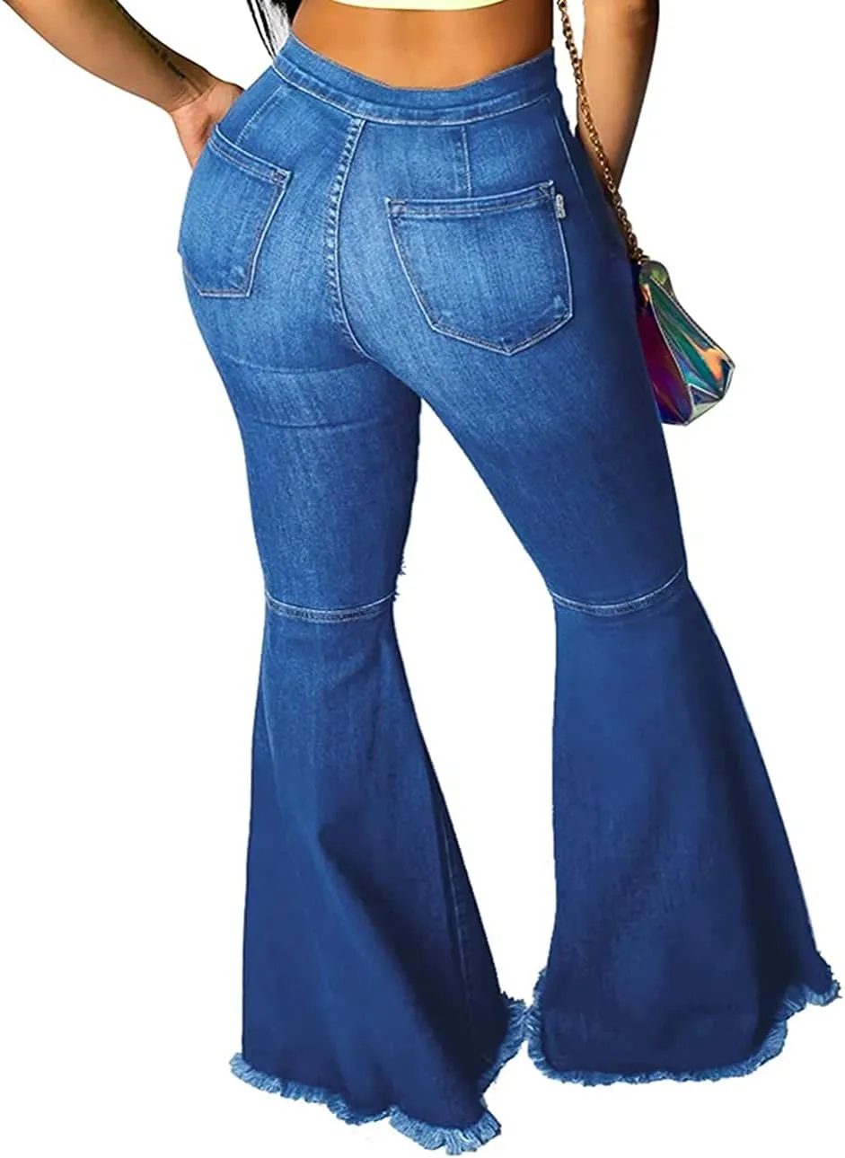 BessCops Plus Size Bell Bottom Jeans for Women Elastic High Waisted Classic Flared Denim Pants