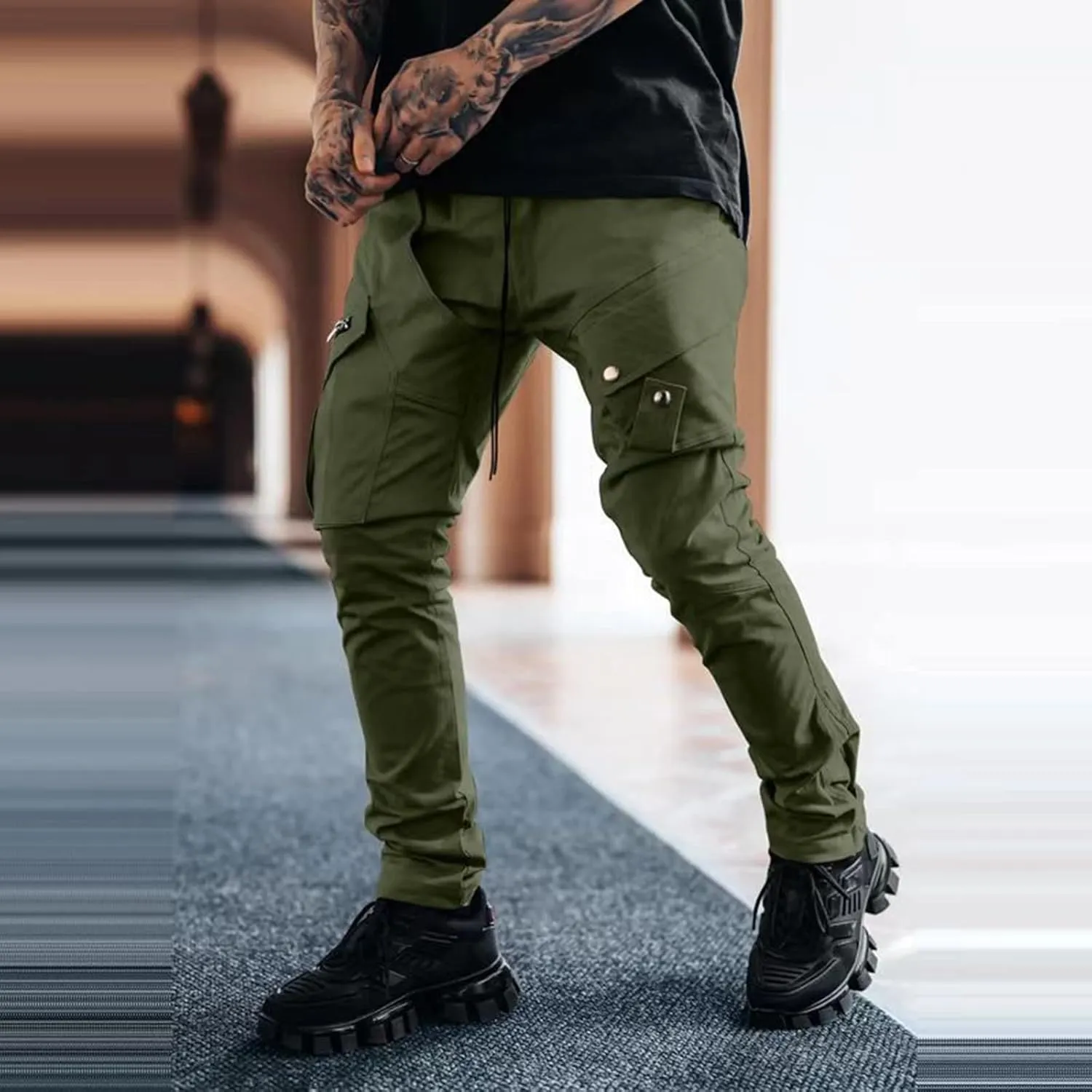 Cargo Pants for Men Relaxed Fit Joggers Men's Heavyweight Cargo Fleece Sweatpants Stretch Elastic Waist Hiking Pants