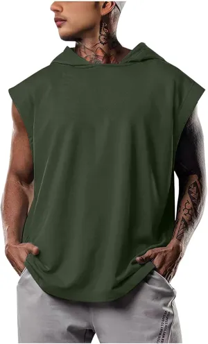 Casual Men Workout Tank Tops Cap Sleeve Hoody Shirts Muscle Fit Pullover Basic Shirt Running Active Solid Tees