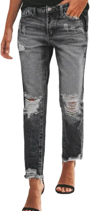 cffvdiz Boyfriend Jeans for Women Mid Waisted Distressed Ripped Raw Hem Straight Leg Denim Pants