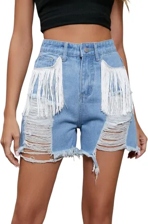 CHARTOU Women's Casual High Waisted Tassel Frayed Raw Hem Fringe Hot Denim Jeans Shorts
