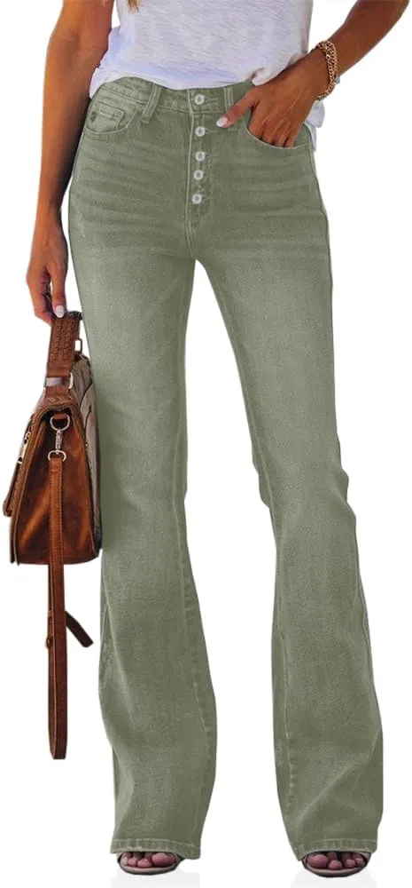 Cicy Bell Women's Stretch Flare Jeans High Waisted Bootcut Bell Bottom Button Fly Denim Pants
