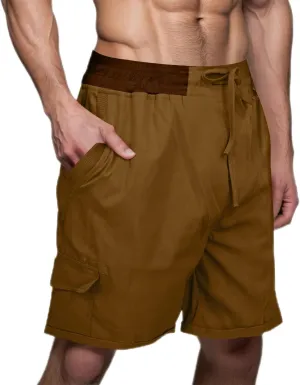 Cotton Linen Shorts for Men Solid Color Lightweight Cargo Elastic Waist Drawstring Beach Pants with Pockets