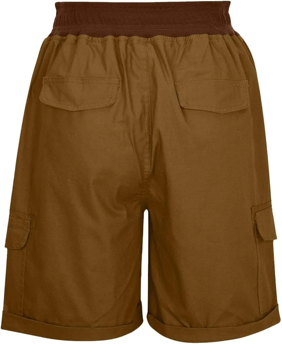 Cotton Linen Shorts for Men Solid Color Lightweight Cargo Elastic Waist Drawstring Beach Pants with Pockets