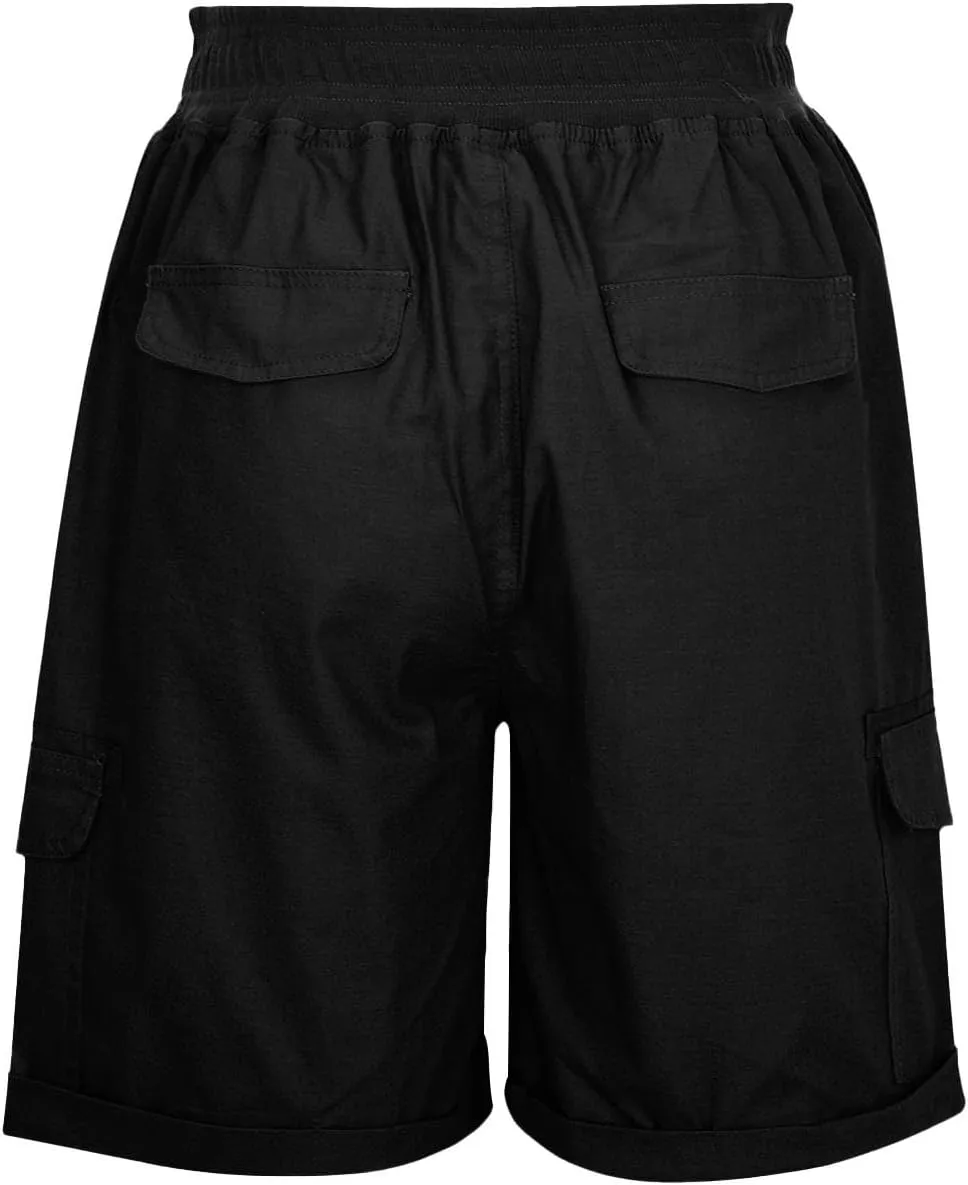 Cotton Linen Shorts for Men Solid Color Lightweight Cargo Elastic Waist Drawstring Beach Pants with Pockets