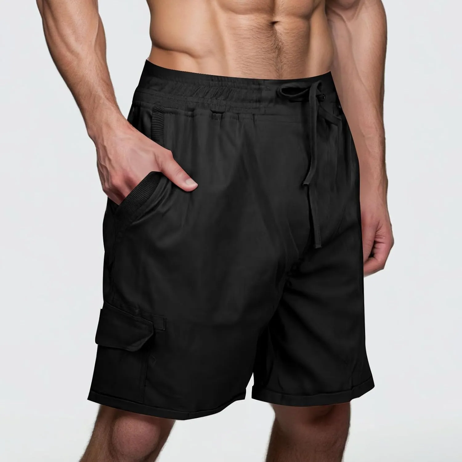 Cotton Linen Shorts for Men Solid Color Lightweight Cargo Elastic Waist Drawstring Beach Pants with Pockets