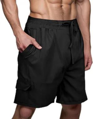 Cotton Linen Shorts for Men Solid Color Lightweight Cargo Elastic Waist Drawstring Beach Pants with Pockets