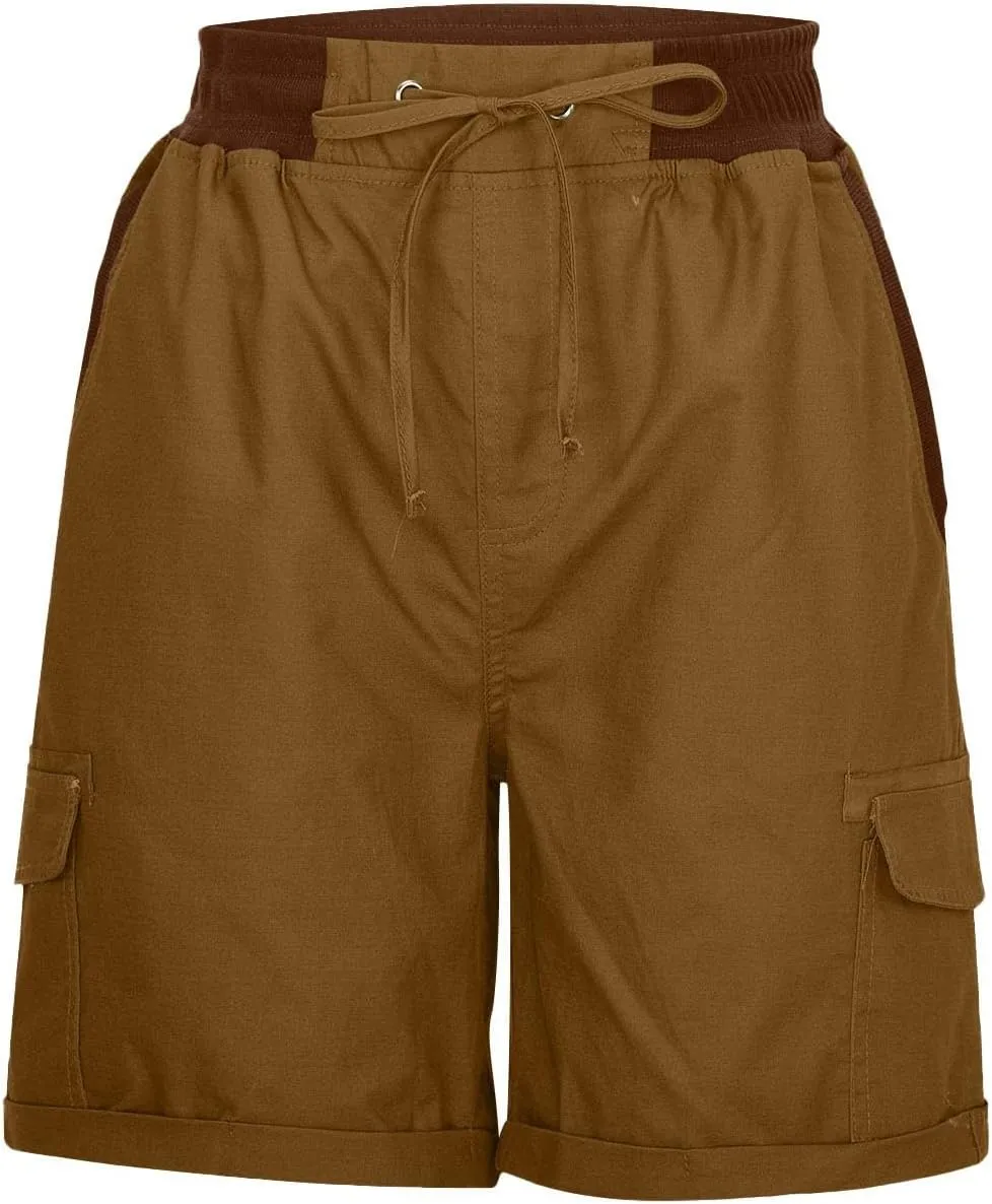 Cotton Linen Shorts for Men Solid Color Lightweight Cargo Elastic Waist Drawstring Beach Pants with Pockets