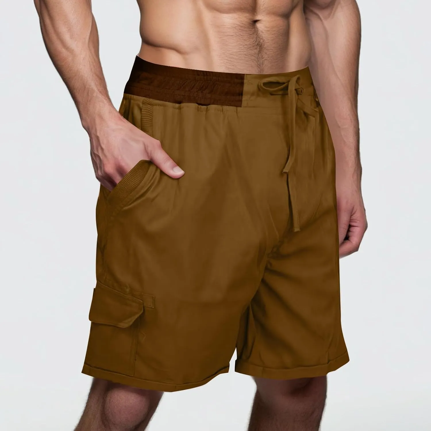 Cotton Linen Shorts for Men Solid Color Lightweight Cargo Elastic Waist Drawstring Beach Pants with Pockets