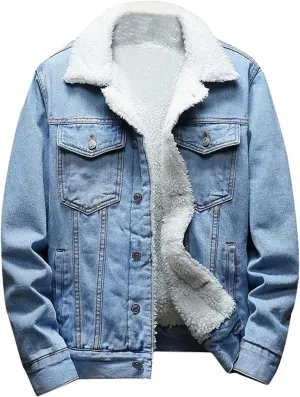 CRNTCEM Fleece Lined Jeans Coat for Men Winter Cotton Sherpa Lined Denim Trucker Jacket Windbreaker Thicken Warm Cowboy Coat
