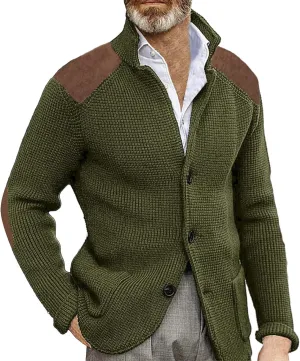 CRNTCEM Mens Button Down Sweaters Chunky Warm Ribbed Knitted Cardigan Sweater Stand Collar Elbow Patches Casual Suit Cardigan