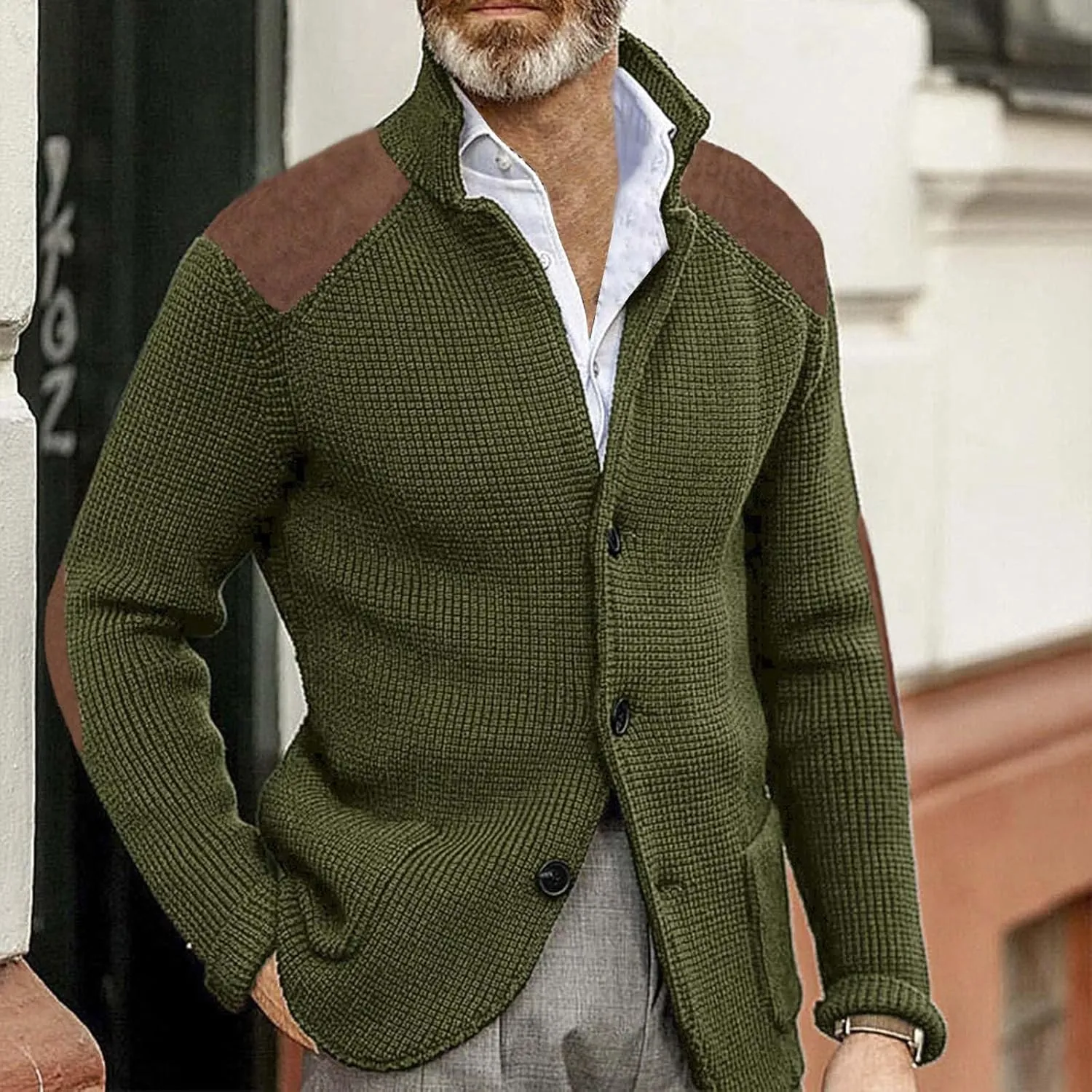 CRNTCEM Mens Button Down Sweaters Chunky Warm Ribbed Knitted Cardigan Sweater Stand Collar Elbow Patches Casual Suit Cardigan