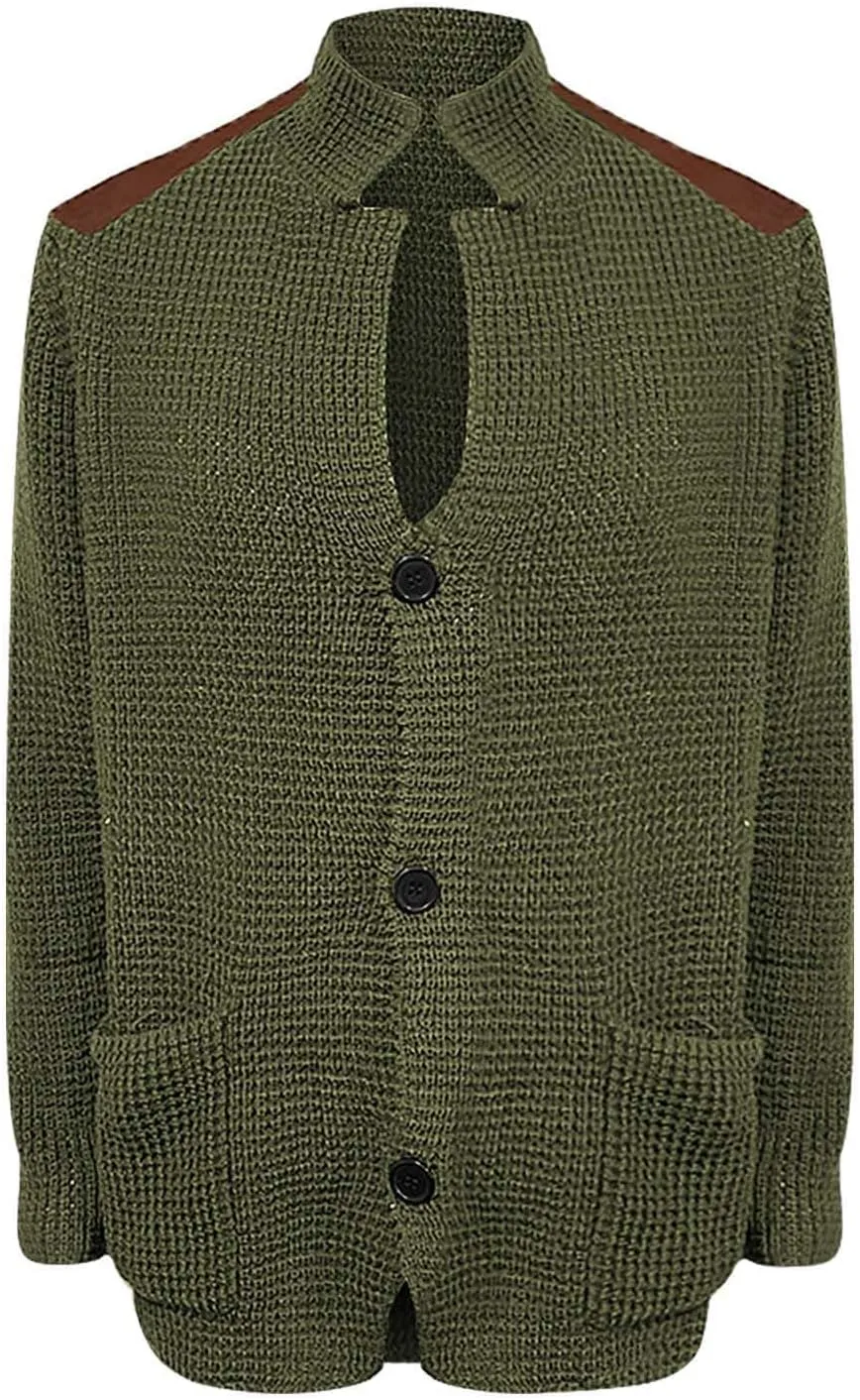 CRNTCEM Mens Button Down Sweaters Chunky Warm Ribbed Knitted Cardigan Sweater Stand Collar Elbow Patches Casual Suit Cardigan