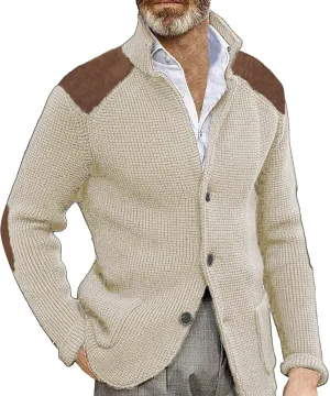 CRNTCEM Mens Button Down Sweaters Chunky Warm Ribbed Knitted Cardigan Sweater Stand Collar Elbow Patches Casual Suit Cardigan
