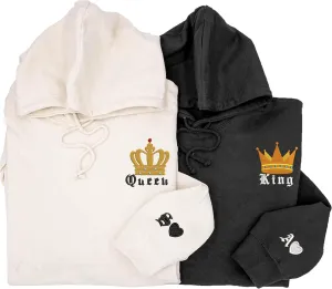 Custom Embroidered King and Queen Hoodies and Sweatshirt, Couple Shirt Old English Initial and Heart On Sleeve, Gift for Him Her, Matching Couples Hoodies With Initial Heart