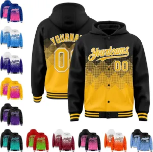 Custom Gradient Varsity Letterman Jacket Rhombus Pattern Hooded Baseball Jacket Stitched Name/Number/Logo Unisex