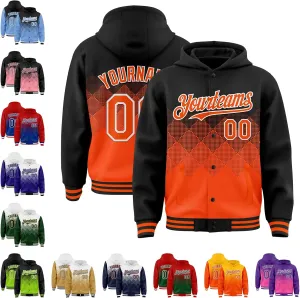 Custom Gradient Varsity Letterman Jacket Rhombus Pattern Hooded Baseball Jacket Stitched Name/Number/Logo Unisex