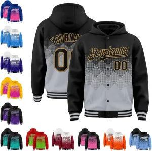Custom Gradient Varsity Letterman Jacket Rhombus Pattern Hooded Baseball Jacket Stitched Name/Number/Logo Unisex