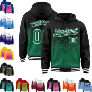 Custom Gradient Varsity Letterman Jacket Rhombus Pattern Hooded Baseball Jacket Stitched Name/Number/Logo Unisex
