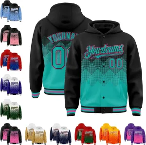 Custom Gradient Varsity Letterman Jacket Rhombus Pattern Hooded Baseball Jacket Stitched Name/Number/Logo Unisex
