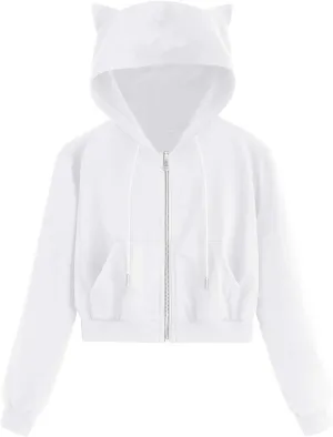 Cute Cat Ear Zip Up Hoodies for Women Teen Girls Y2K Long Sleeve Drawstring Hooded Sweatshirt Jackets with Pockets