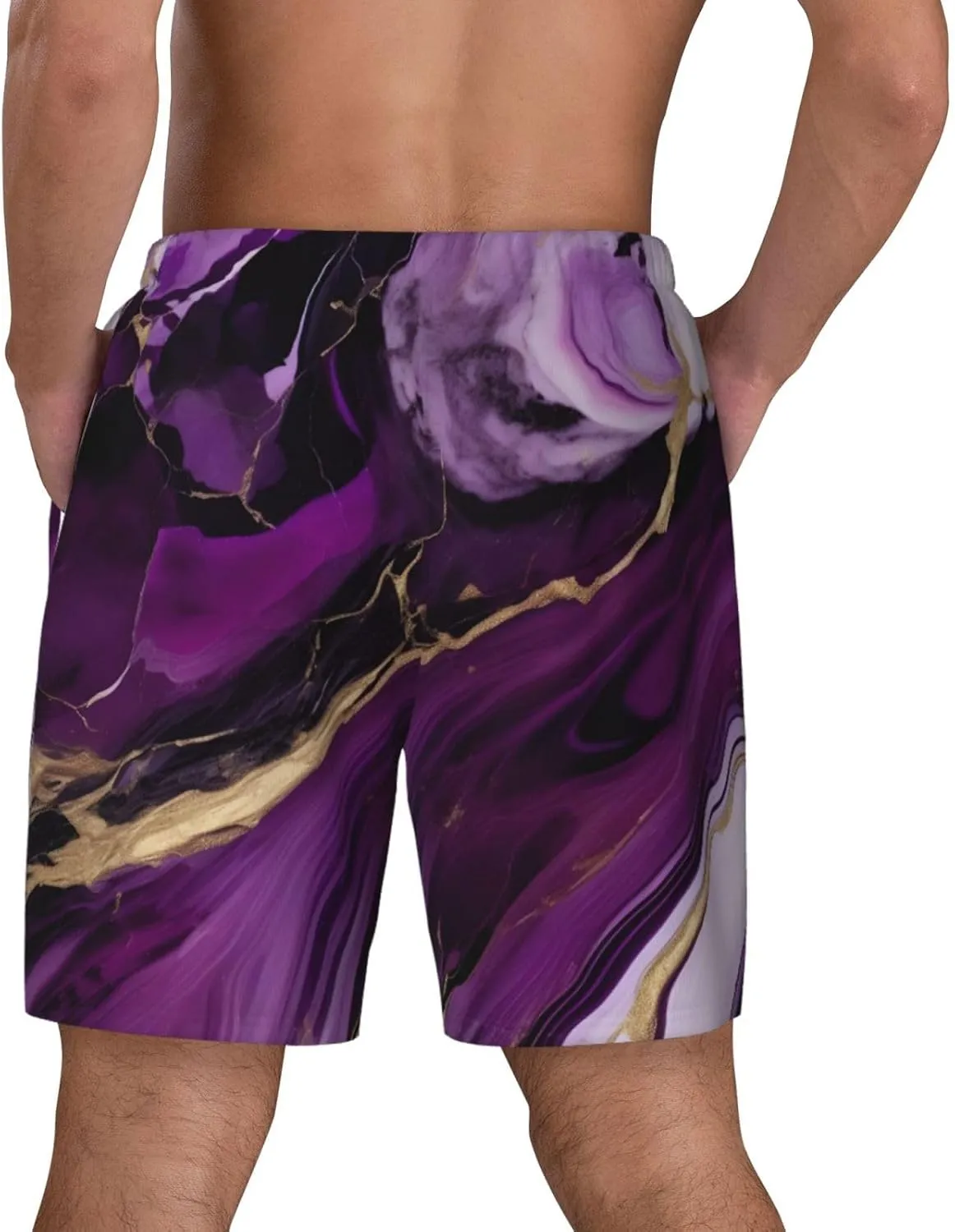 Dark Purple Texture Marble 1 Print Mens Swim Trunks Quick Dry Board Shorts Mesh Lining, Breathable Beach Surf Shorts