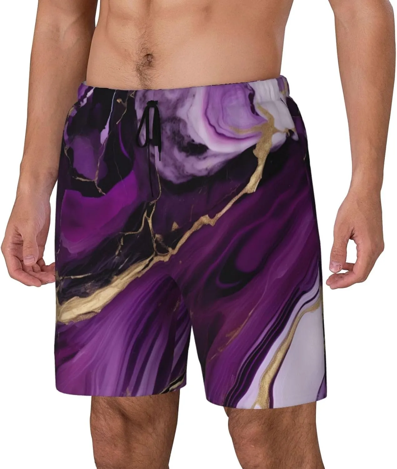 Dark Purple Texture Marble 1 Print Mens Swim Trunks Quick Dry Board Shorts Mesh Lining, Breathable Beach Surf Shorts