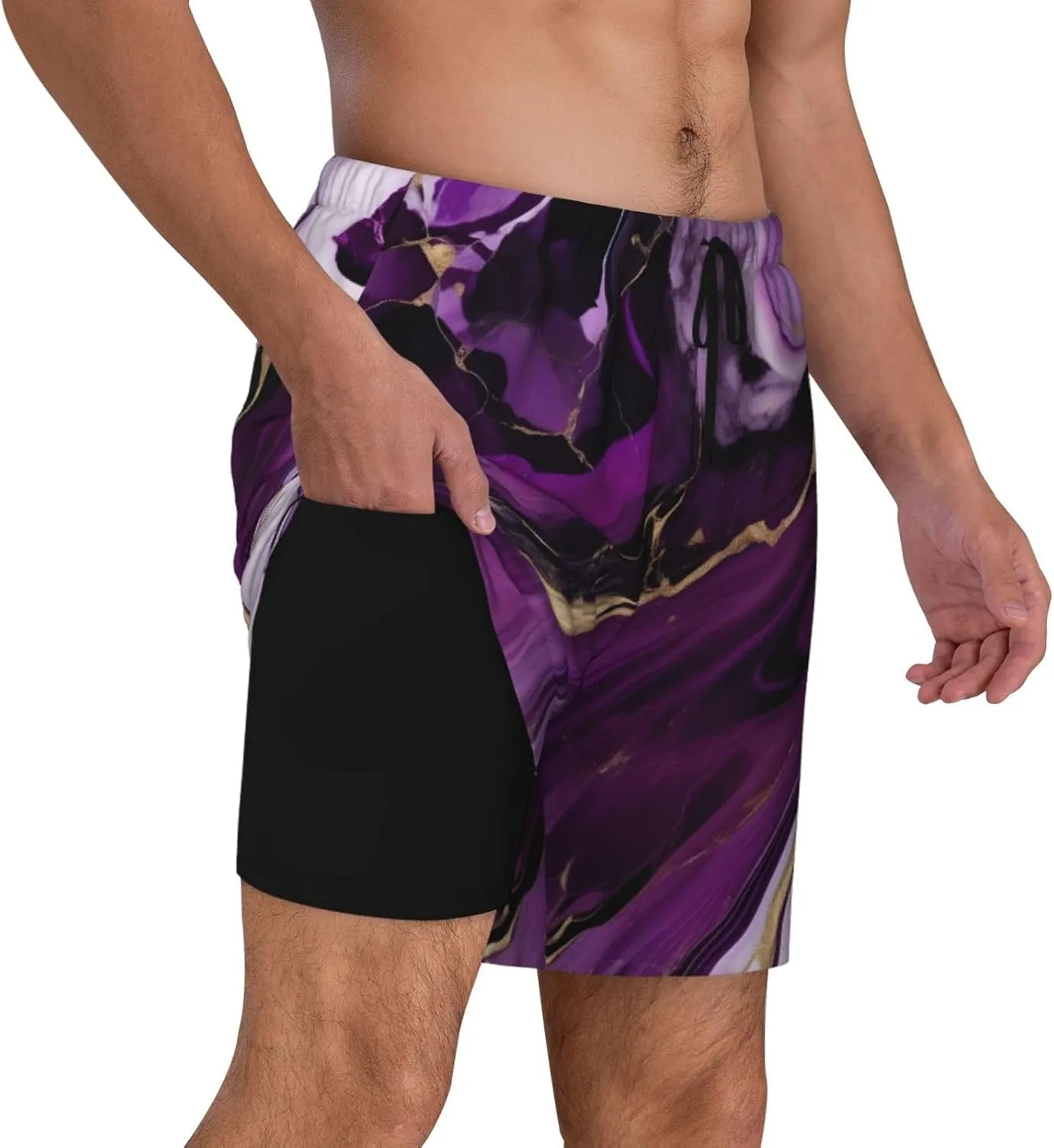 Dark Purple Texture Marble 1 Print Mens Swim Trunks Quick Dry Board Shorts Mesh Lining, Breathable Beach Surf Shorts