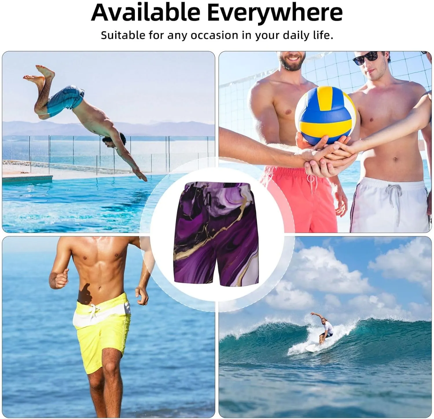 Dark Purple Texture Marble 1 Print Mens Swim Trunks Quick Dry Board Shorts Mesh Lining, Breathable Beach Surf Shorts