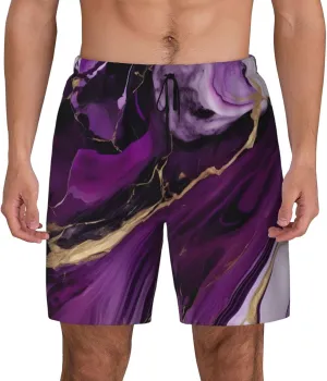 Dark Purple Texture Marble 1 Print Mens Swim Trunks Quick Dry Board Shorts Mesh Lining, Breathable Beach Surf Shorts