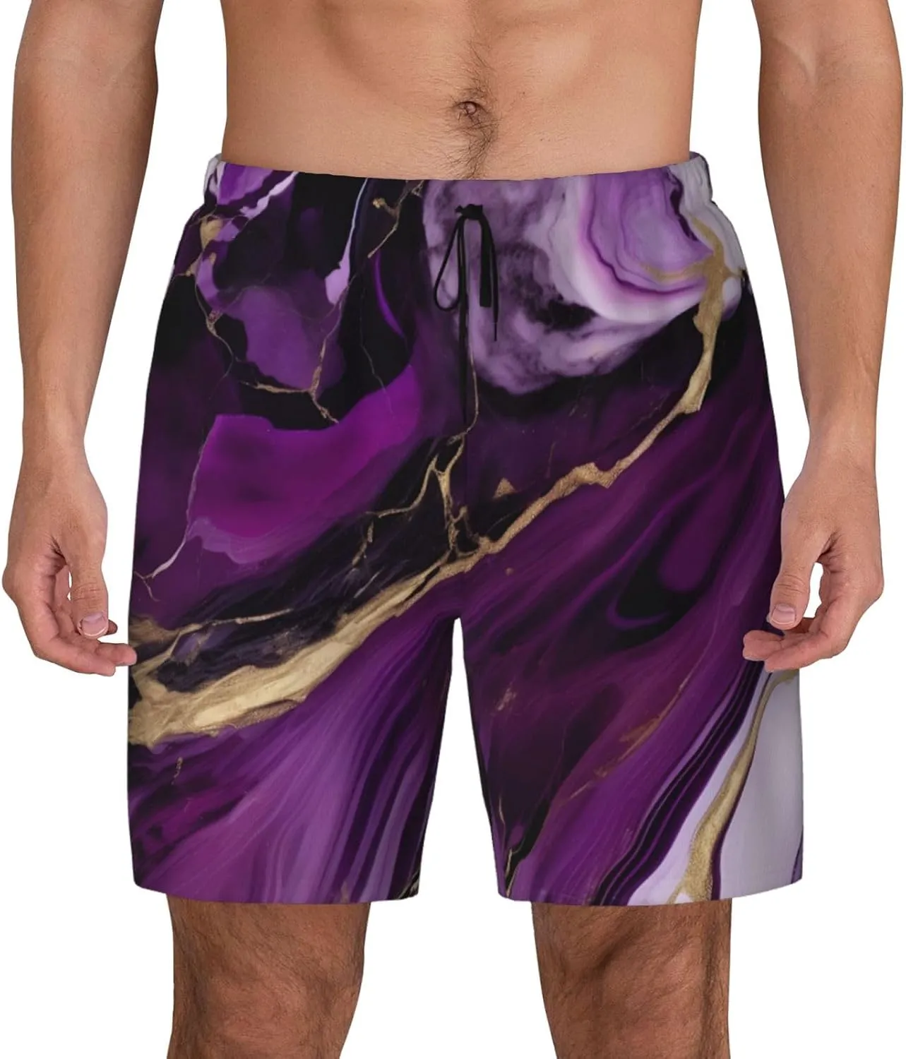 Dark Purple Texture Marble 1 Print Mens Swim Trunks Quick Dry Board Shorts Mesh Lining, Breathable Beach Surf Shorts