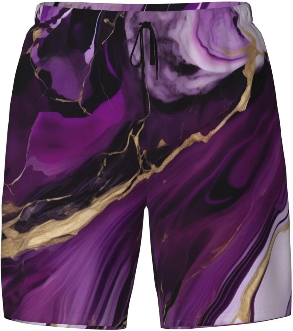Dark Purple Texture Marble 1 Print Mens Swim Trunks Quick Dry Board Shorts Mesh Lining, Breathable Beach Surf Shorts