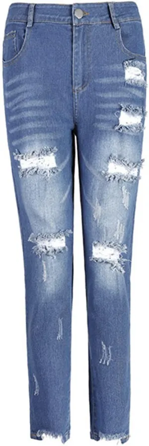 DGHM-JLMY Women's Ripped Skinny Jeans Frayed Raw Hem Distressed Denim Pants with Hole Stretch Destroyed High Waisted Jeans