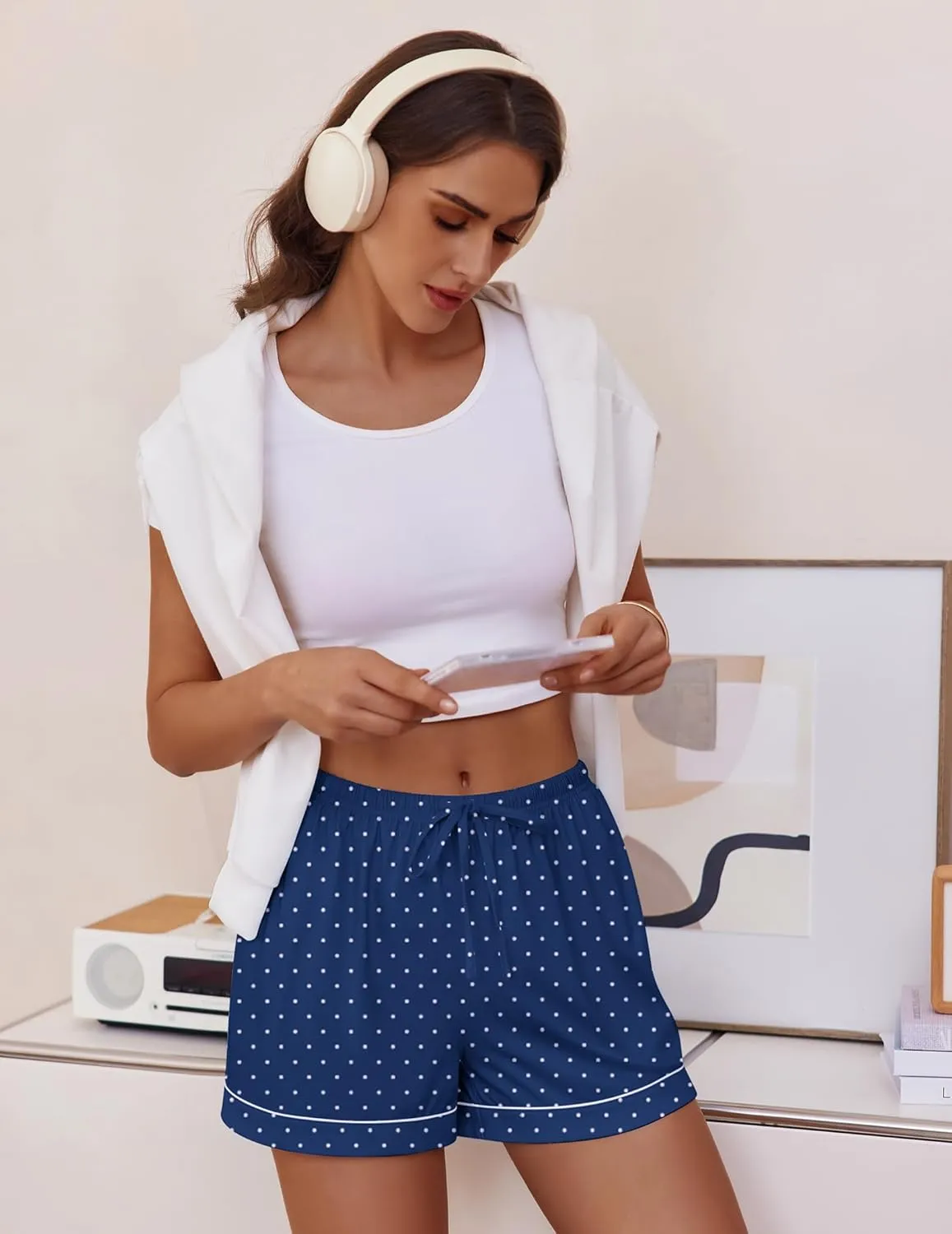 Ekouaer Womens Pajama Shorts Casual Summer Sleep Shorts Cute Printed Lounge Pj Bottoms with Drawstring & Pockets