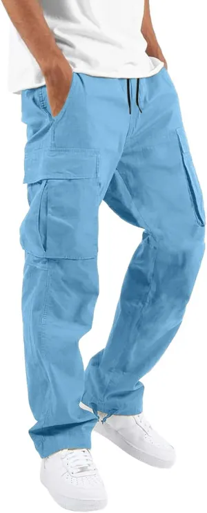Elastic Waist Cargo Pants for Men Relaxed Fit Tactical Hiking Pants Casual Work Trousers Drawstring Travel Pants